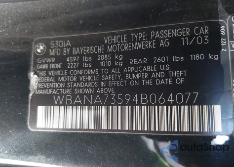 2004 BMW 530I из США, поврежденный, VIN WBANA73594B064077